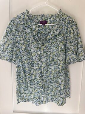 J. Crew Liberty London Light Blue and Green Floral Ruffle-Neck Blouse